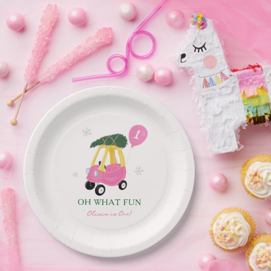 Oh What Fun Pink Christmas Car 1st Birthday Party Pappteller (Party)