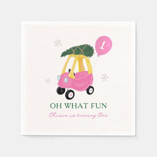 Oh What Fun Pink Christmas Car 1st Birthday Party Serviette (Vorderseite)