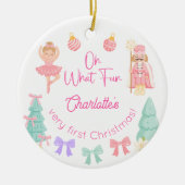 Oh What Fun Pink Nutcracker First Christmas Keramik Ornament (Vorne)