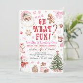 Oh What Fun Pink Santa Christmas 1st Birthday Einladung (Stehend Vorderseite)