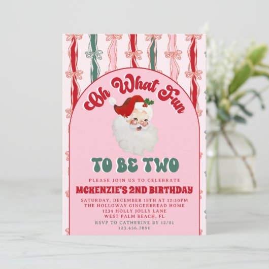 Oh What Fun Pink Santa Christmas 2nd Birthday Einladung (Stehend Vorderseite)
