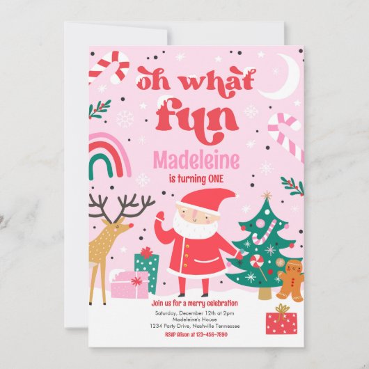 Oh What Fun Pink Santa Christmas Birthday Party Einladung (Vorderseite)