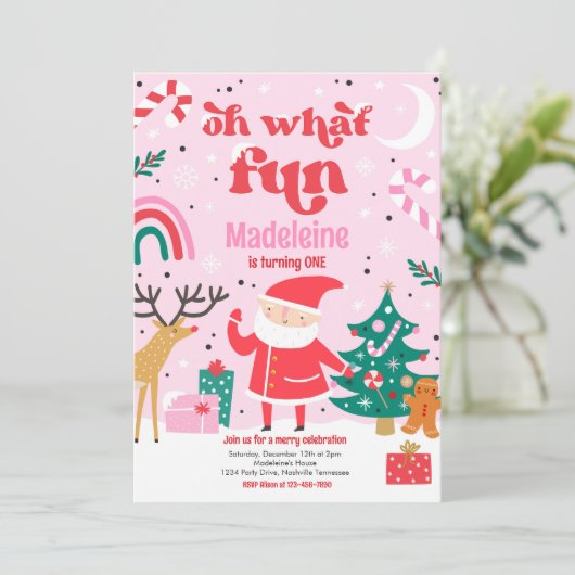 Oh What Fun Pink Santa Christmas Birthday Party Einladung (Stehend Vorderseite)