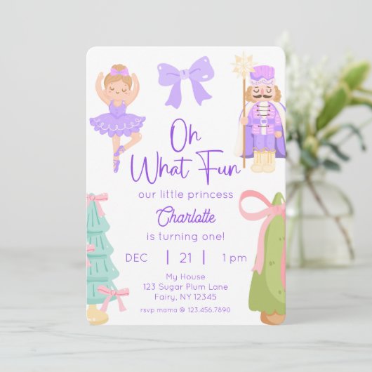 Oh What Fun Purple Nutcracker Birthday Einladung (Stehend Vorderseite)
