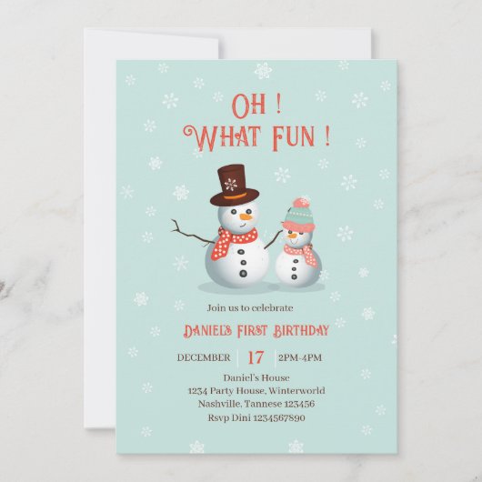 Oh What Fun Snowman Birthday Einladung (Vorderseite)