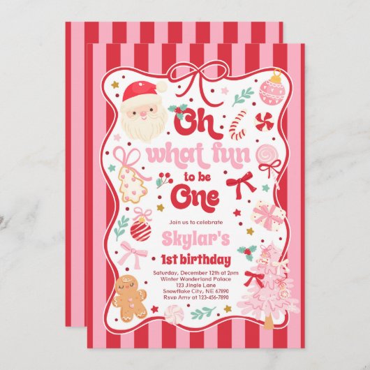 Oh What Fun To Be One Christmas Bow 1st Birthday Einladung (Vorne/Hinten)