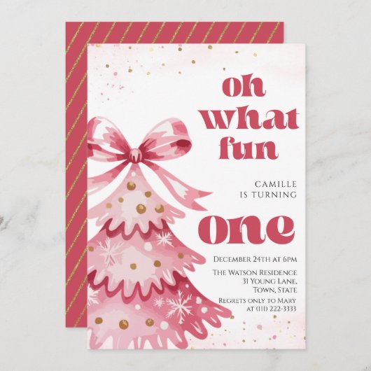 Oh what fun tree christmas girl birthday einladung (Vorne/Hinten)