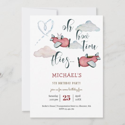 Oh, wie die Zeit fliegt Retro Flugzeug Junge Gebur Einladung (Vorderseite)