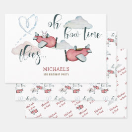 Oh, wie die Zeit fliegt Retro Flugzeug Junge Gebur Geschenkpapier Set