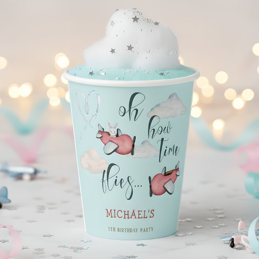 Oh, wie die Zeit fliegt Retro Flugzeug Junge Gebur Pappbecher