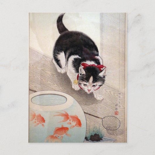 Ohara Koson Cat & Goldfish Bowl Japanische Malerei Postkarte (Vorderseite)