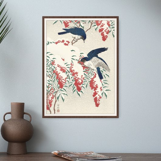 Ohara Koson Flycatchers über Nandina Bush Bird Jap Poster