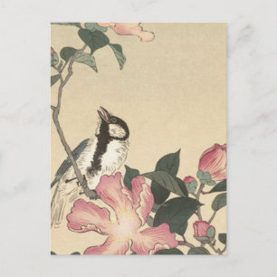 Ohara Koson, Vogel und rosa Blumen - Japanisch Postkarte