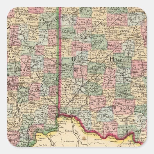 Ohio, Indiana Map von Mitchell Quadratischer Aufkleber (Vorderseite)