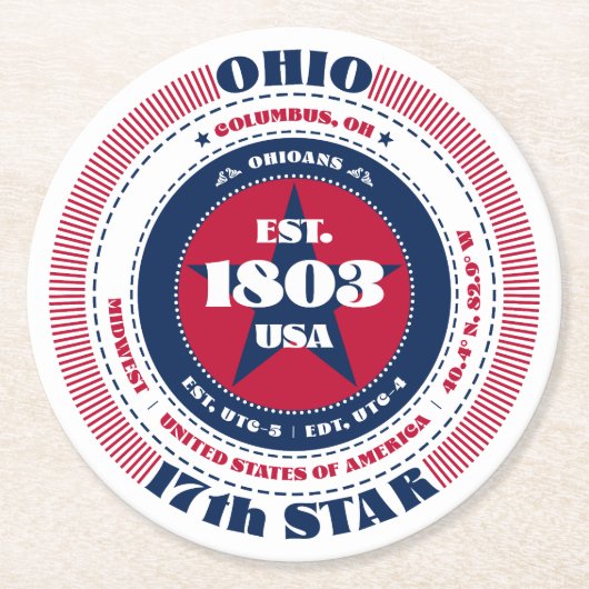 Ohio Red White Blue Typografie Runder Pappuntersetzer (Vorderseite)