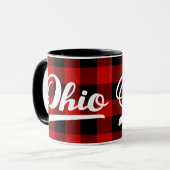 Ohio-Skript-rote Büffel-Karo-Muster-Andenken Tasse (Vorderseite Links)