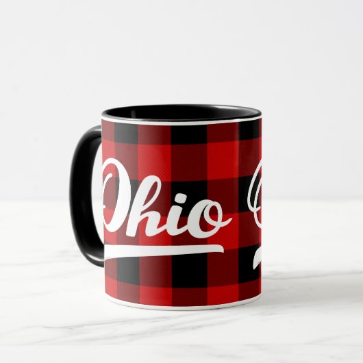 Ohio-Skript-rote Büffel-Karo-Muster-Andenken Tasse (Vorderseite Links)