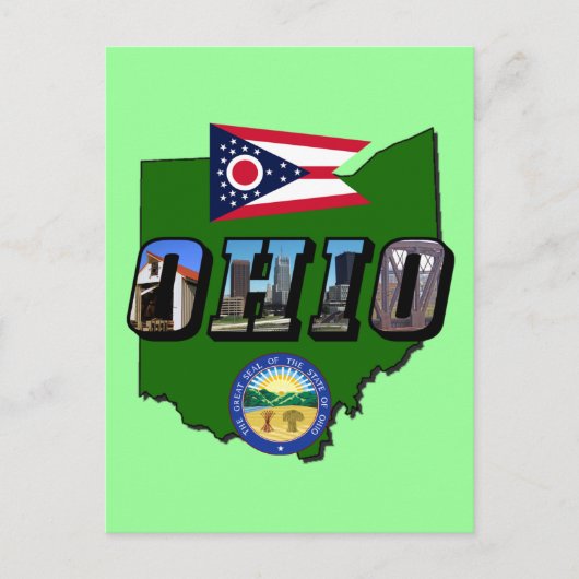 Ohio Staat Map, Bildtext, Flag und Siegel Postkarte (Vorderseite)