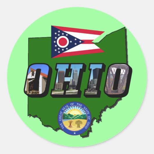 Ohio Staat Map, Bildtext, Flag und Siegel Runder Aufkleber (Vorderseite)