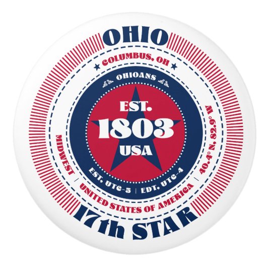 Ohio US Staat Red White Blue Typografy Keramikknauf (Vorderseite)