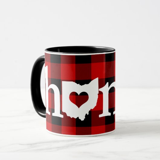 Ohio-Zuhause-Herz-rotes Büffel-Karo-Muster Tasse (Vorderseite Links)