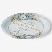 oho Dusty Blue Floral Eucalyptus Gold Quinceañera  Pappteller (Schrägansicht)