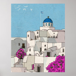 Oia Santorini Insel Griechenland Whimsical Illustr Poster
