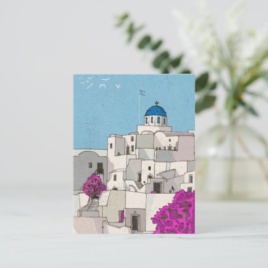 Oia Santorini Insel Griechenland Whimsical Illustr Postkarte (Stehend Vorderseite)