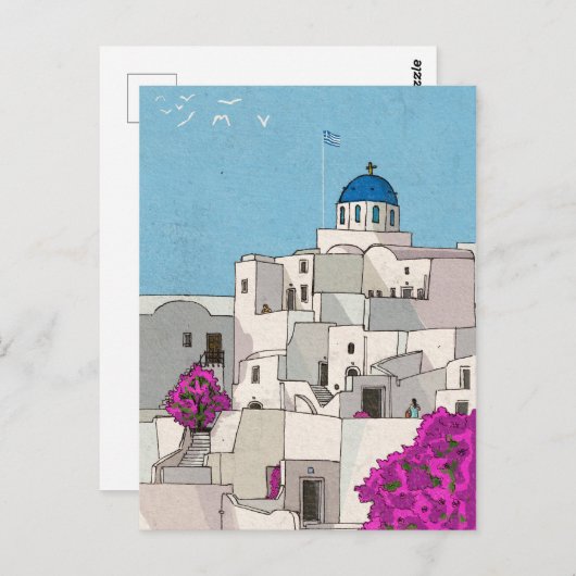 Oia Santorini Insel Griechenland Whimsical Illustr Postkarte (Vorne/Hinten)