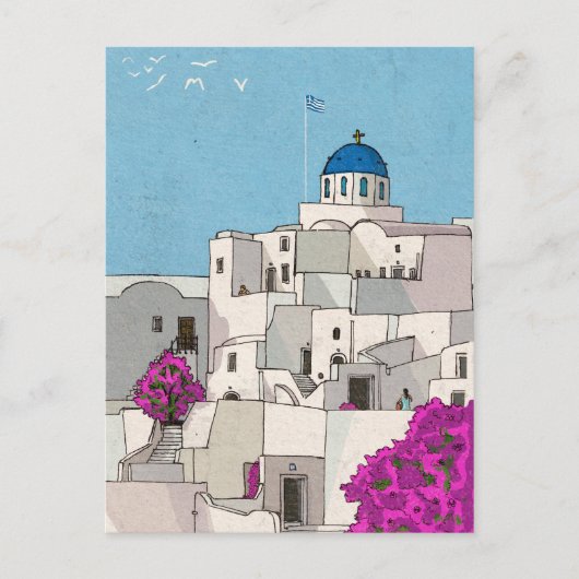 Oia Santorini Insel Griechenland Whimsical Illustr Postkarte (Vorderseite)