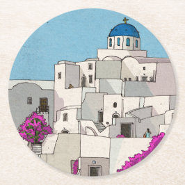 Oia Santorini Insel Griechenland Whimsical Illustr Runder Pappuntersetzer
