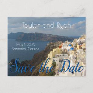 Oia, Santorini schimmert in der Nachmittagssonne. Einladungspostkarte