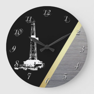 Oil Drilling Rig Gold and Silver Metal Look Große Wanduhr