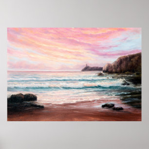  oil painting of beautiful purple sunset over ocea poster