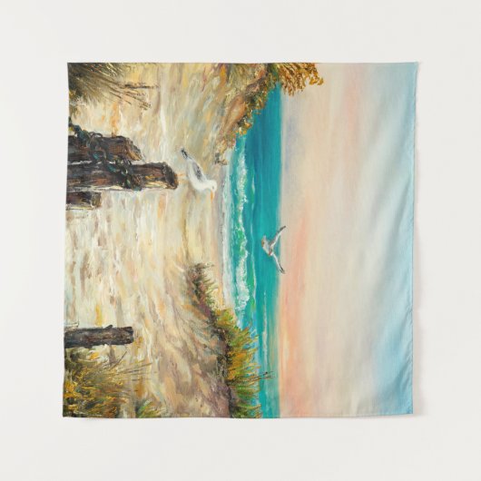 oil painting of ocean beach dunes with seagulls o wandteppich (Vorderseite (Horizontal))