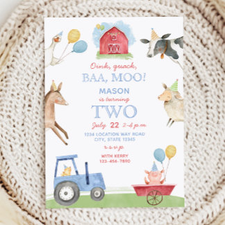 Oink, Baa, Moo Bauernhof-Tier 2. Geburtstagseinlad Einladung