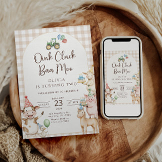 Oink Baa Moo Turning Two Birthday Invitation Einladung