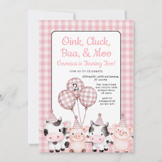 Oink, Cluck, Baa, & Moo Farm Birthday Pink Gingham Einladung