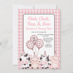 Oink, Cluck, Baa, & Moo Farm Geburtstag Pink Gingh Einladung