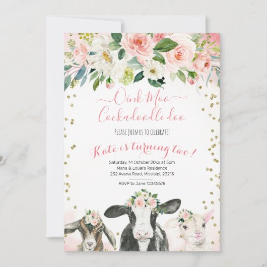 Oink Moo Cockadoodle Doo Girl Einladung zum Geburt (Vorderseite)