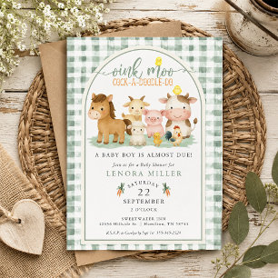 Oink Moo Grünes Gingham Bauernhoftier Baby Shower Einladung