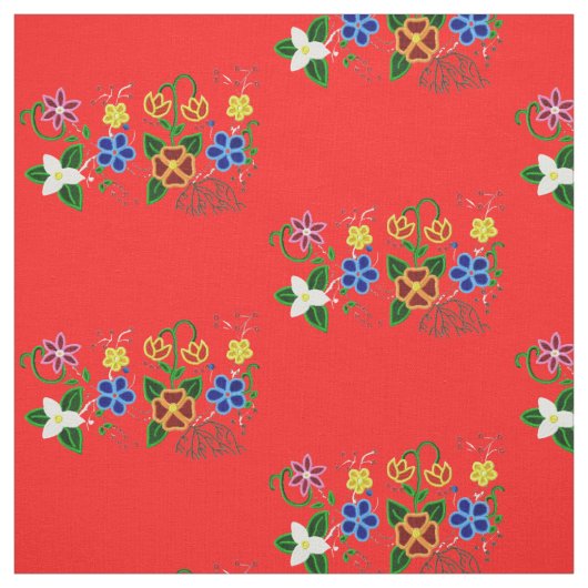 Ojibwe Blumendesign mit rotem Hintergrund Stoff (Muster)