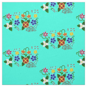 Ojibwe Blumendesign mit türkisfarbenem Hintergrun Stoff