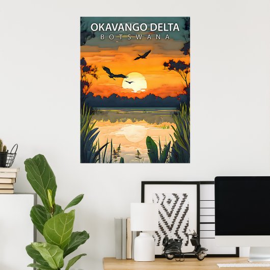 Okavango-Delta - Retro-Reiseplakat von Botswana Poster (Heimbüro)