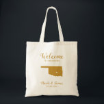 Oklahoma Map Wedding Welcome Bag, Gold Tragetasche<br><div class="desc">Hochzeitswochenende Begrüßungsgeschenktasche für Gäste,  die außerhalb der Stadt wohnen,  für Ihre Hochzeit,  mit dem Bild von Oklahoma,  mit dem Herzen,  das Sie an der genauen Stelle platzieren können. Fülle die Tasche mit deinen Lieblingsgoodies.</div>
