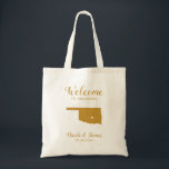 Oklahoma Map Wedding Welcome Bag, Gold Tragetasche<br><div class="desc">Hochzeitswochenende Begrüßungsgeschenktasche für Gäste,  die außerhalb der Stadt wohnen,  für Ihre Hochzeit,  mit dem Bild von Oklahoma,  mit dem Herzen,  das Sie an der genauen Stelle platzieren können. Fülle die Tasche mit deinen Lieblingsgoodies.</div>