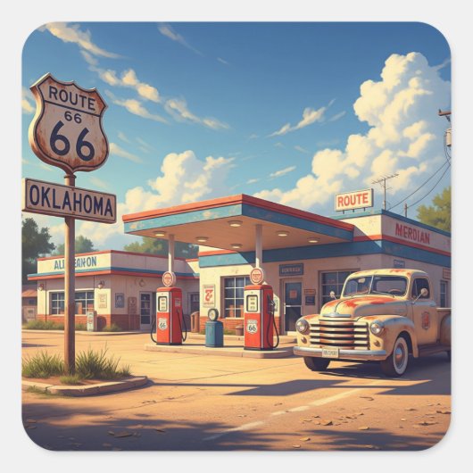 Oklahoma Route 66 Vintage Gasstation Quadratischer Aufkleber (Vorderseite)