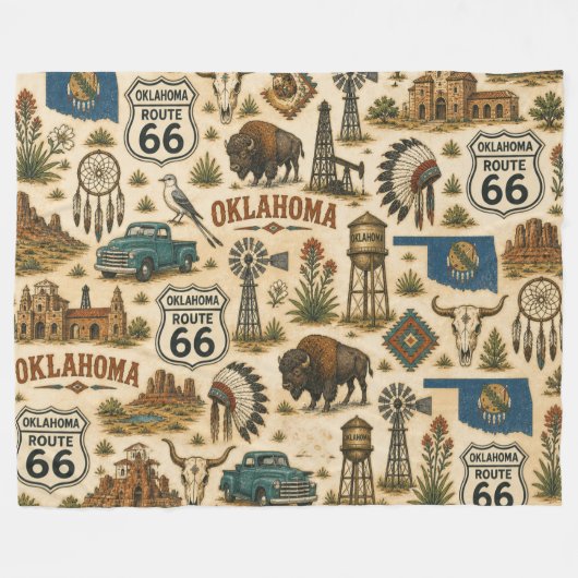 Oklahoma Route 66 Vintage Western Collage Fleecedecke (Vorderseite (Horizontal))