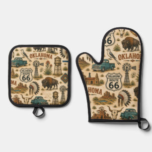 Oklahoma Route 66 Vintage Western Collage Ofenhandschuh & Topflappen-Set