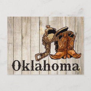 Oklahoma Sattel und Stiefel Holzwand Postkarte